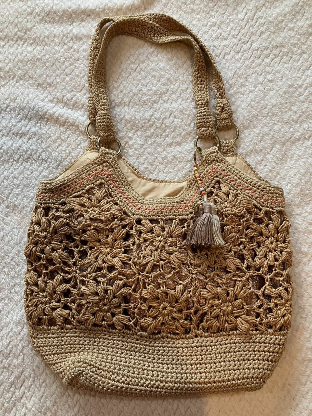 The Sak Crochet Shoulder Bag Tan Floral Knit Tassel Boho Straw Woven Tote Purse